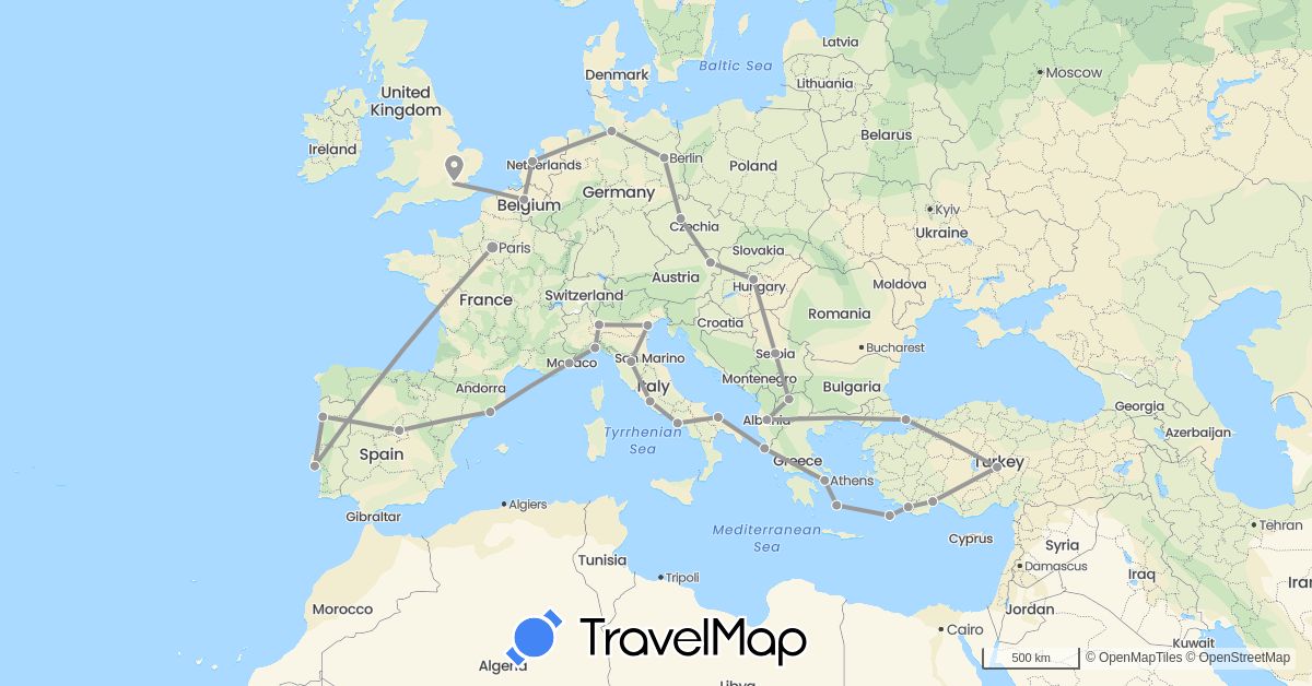 TravelMap itinerary: driving, plane in Albania, Austria, Belgium, Czech Republic, Germany, Spain, France, United Kingdom, Greece, Hungary, Italy, Macedonia, Netherlands, Portugal, Serbia, Turkey (Asia, Europe)